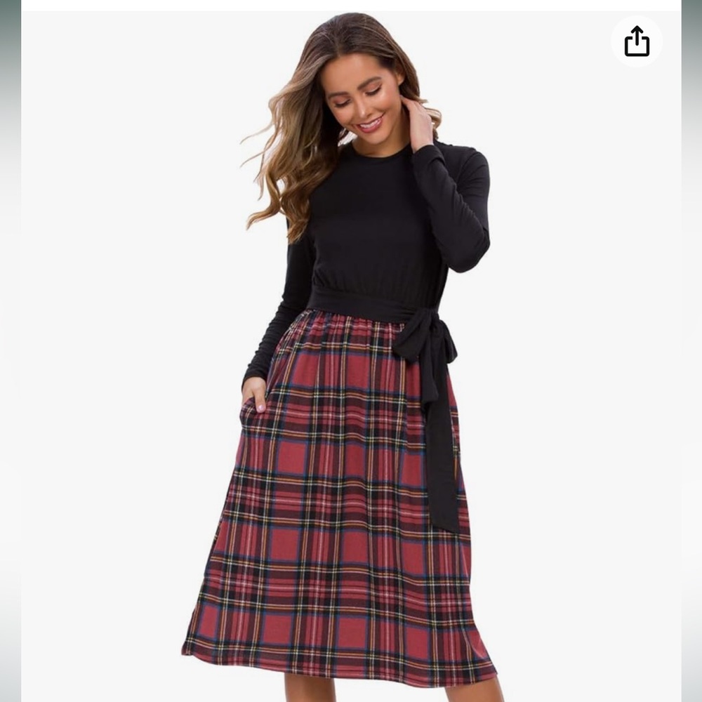 Women’s Long Sleeve Plaid Modest Midi Dress S